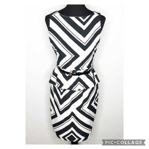 Cache Dresses & Skirts - Cache black white chevron peplum belted sleeveless sheath dress size 6 NWOT
